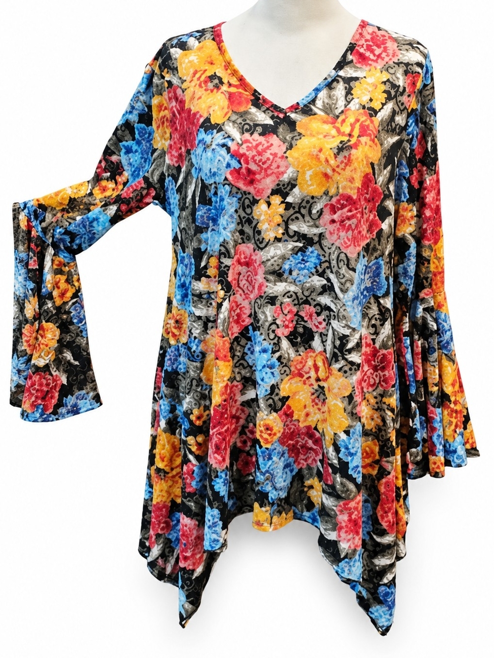 Black Floral V-Neck Bell Sleeve Tunic with Multicolor Blooms